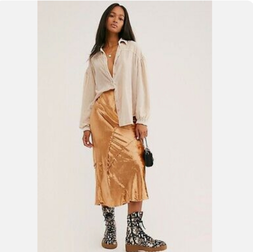Free People Crushed Gold Velvet Midi Skirt Size XS